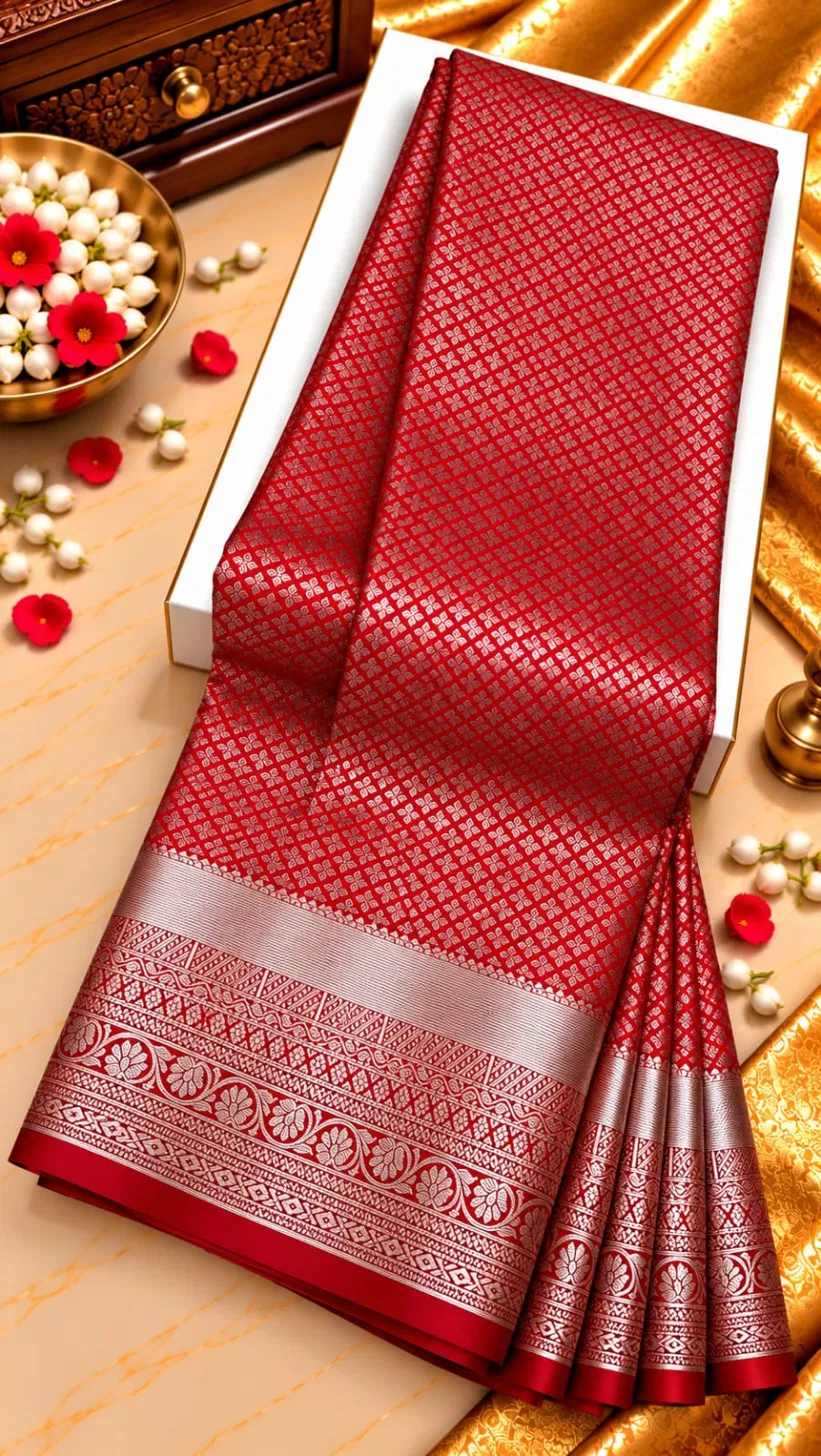 Cherry Red Silver Zari Allover Butta Semi Kanchipuram Silk Saree